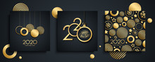2020 Happy New Year Luxury Greeting Cards Set. New Year Holiday Invitations Templates Collection With Hand Drawn Lettering And Gold Christmas Balls. Vector Illustration.