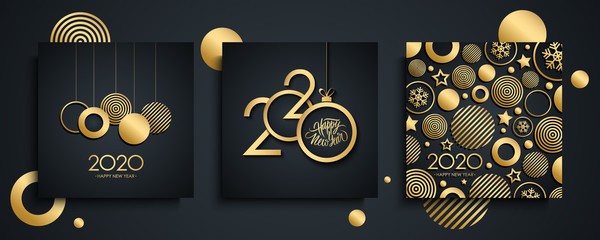 Wall Mural - 2020 Happy New Year luxury greeting cards set. New Year holiday invitations templates collection with hand drawn lettering and gold christmas balls. Vector illustration.