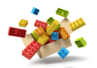 3d rendering of cardboard box in air full of colorful toy bricks which are flying out and floating o