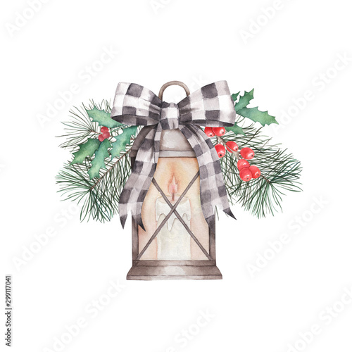Greeting watercolor composition with christmas tree branches, holly, bow and ...