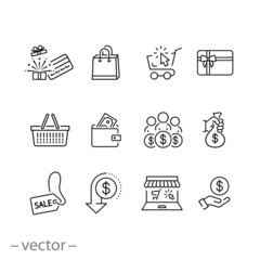 online sale icons set, gift box, surprise, price, coupon and more, thin line symbols on white background - editable stroke vector illustration eps 10