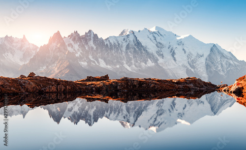 Naklejka na szybę Incredible view of clear water and sky reflection on Chesery lake (Lac De Cheserys) in France Alps. Monte Bianco mountains range on background. Landscape photography, Chamonix.