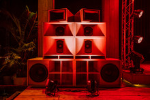 Big Wood Speaker Box Set On The Hip Hop Mini Concert Stage With The LED Red Light.