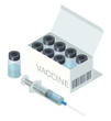 Vaccination concept. Can use for web banner, infographics. Flat isometric vector illustration. Syringe with vaccine, bottle and box of 8 vaccine vials.
