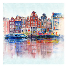 Watercolor Sketch Of Amsterdam Typical Houses With Their Reflections In Canal, Holland, Netherlands