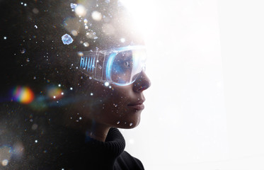 Wall Mural - double exposure of female face. abstract woman portrait. digital art. girl in glasses of virtual rea
