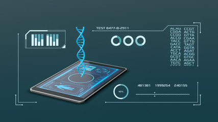 Wall Mural - tablet pc with an hologram of a dna helix and a futuristic software interface, concept of science, biology and technology (3d render)