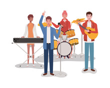 Group Music Band Playing Instruments Characters