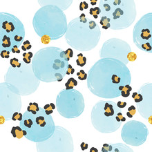 Seamless Dotted Pattern With Watercolor Blue Circles And Leopard Print.