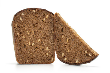 Wall Mural - Group of one half one slice of fresh baked dark bread isolated on white background