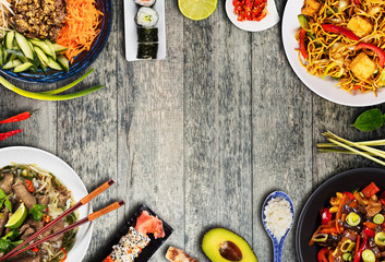 Wall Mural - Top view composition of various Asian food in bowls