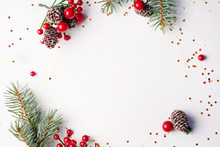 Christmas Composition Flatlay. Spruce Branches, Red Berries On White Background With Space For Text