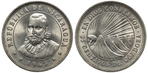 Nicaragua Nicaraguan coin 25 twenty five centavos 1965, bust of Francisco Cordoba facing within circle, radiant sun behind five mountain peaks, denomination below,