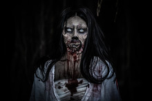 Portrait Of Asian Woman Make Up Ghost Face With Blood,Horror Scene,Scary Background,Halloween Poster,Thailand People