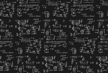 Wall Mural - Physics seamless pattern with the equations, figures, schemes, plots and other calculations on blackboard. Vintage handwritten vector Illustration.