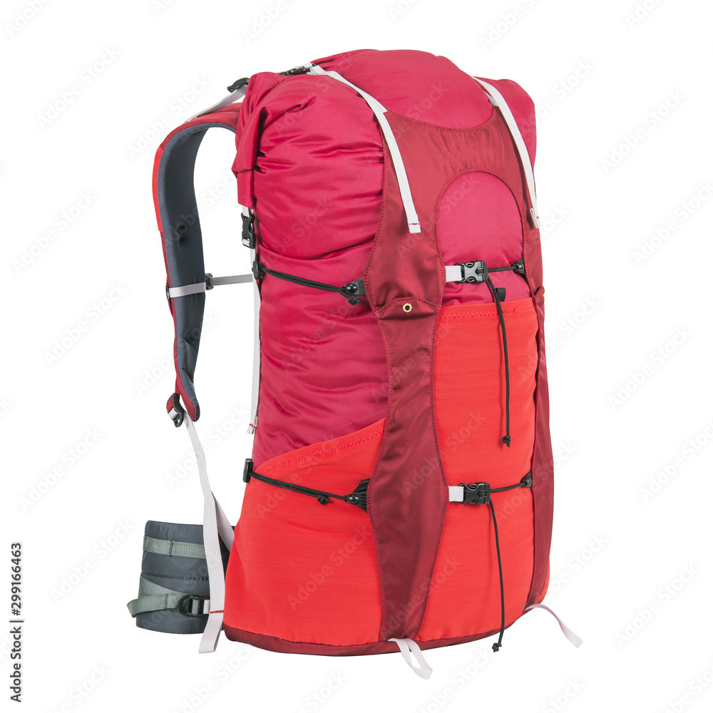 Rucksack Isolated on White Background. Trekking Rucksack. Travel Backpack. Climbing Bag. Bouldering Day Pack. Rope Bag - obrazy, fototapety, plakaty 