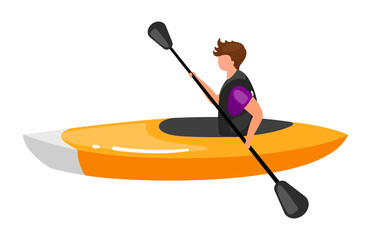 Kayaking flat vector illustration. Extreme sports experience. Active lifestyle. Summer vacation outdoor fun activities. Sportsman in canoe boat isolated cartoon character on white background