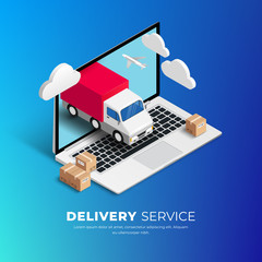 Wall Mural - Delivery service isometric laptop with truck