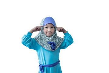 Portrait images of A 6 year old Asian girl wearing blue Islamic dress, Showing gestures using though On white isolated background, to children oncept.