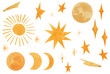 Sky set with yellow stars, moon, sun, comet. Watercolor hand drawn space elements isolated on white background