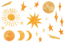 Sky Set With Yellow Stars, Moon, Sun, Comet. Watercolor Hand Drawn Space Elements Isolated On White Background