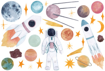 Big space set.  Watercolor hand drawn  illustrations with space objects: planets, stars, rocket, astronaut (spaceman), moon isolated on white background.