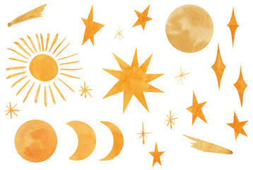 sky set with yellow stars, moon, sun, comet. watercolor hand drawn space elements isolated on white 