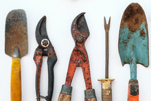 Old Tools, Vintage Garden Tool Set On White Background  -