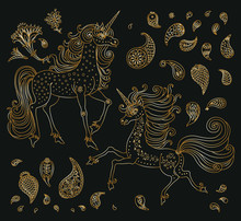 Vector Set Of Fairy Tale Unicorn Horses And Paisley Floral Elements On A Black Background. Golden Hand Drawn Flowers, Fantasy Ornate Cute Animal. Tee Shirt Gold Print
