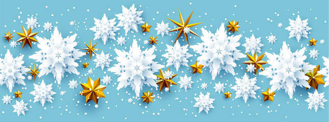 Fotobehang - Realistic paper cut snowflakes and stars
