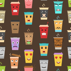 Sticker - Cartoon Color Cup Coffee or Tea Characters Seamless Pattern Background. Vector