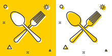 Black Crossed Fork And Spoon Icon Isolated On Yellow And White Background. Cooking Utensil. Cutlery Sign. Random Dynamic Shapes. Vector Illustration