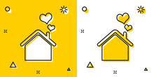 Black House With Heart Shape Icon Isolated On Yellow And White Background. Love Home Symbol. Family, Real Estate And Realty. Random Dynamic Shapes. Vector Illustration