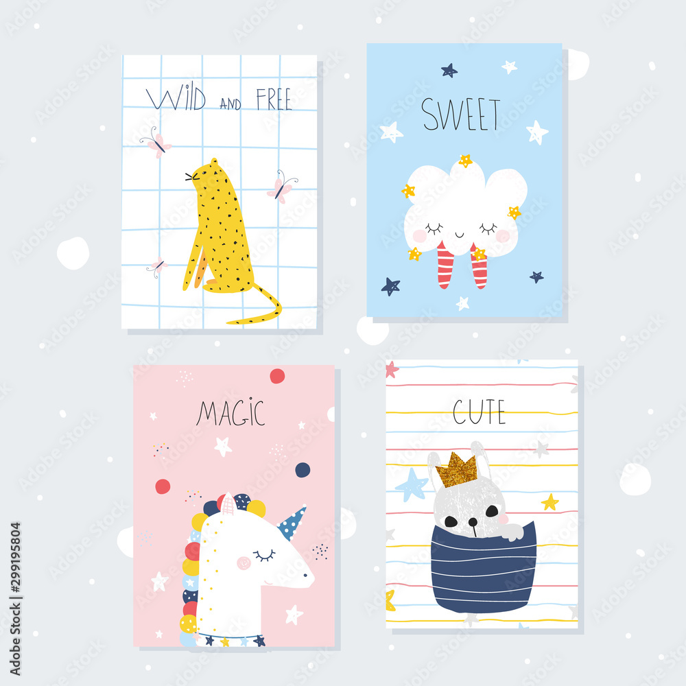 Cute childish cards with animals. Vector hand drawn illustration. Stock ...