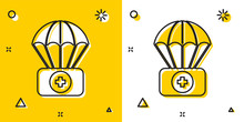 Black Parachute With First Aid Kit Icon Isolated On Yellow And White Background. Medical Insurance. Random Dynamic Shapes. Vector Illustration