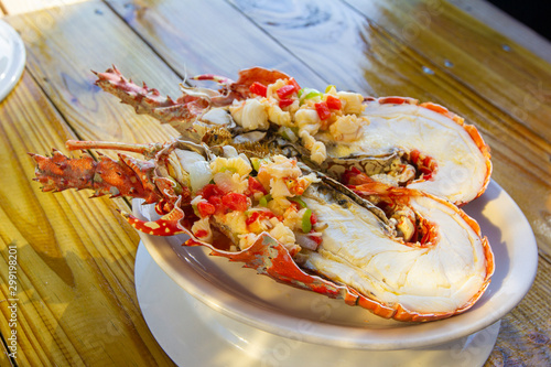 Caribbean lobster slice in the grill, Puerto Rico traditions seafood
