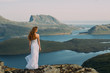 Back of girl in wedding dress staying in mountains and looking to fjord