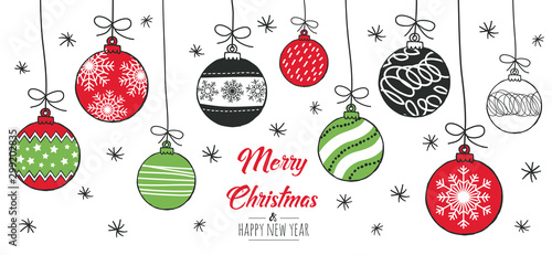 Fotomural Merry Christmas greeting card red and green with modern baubles