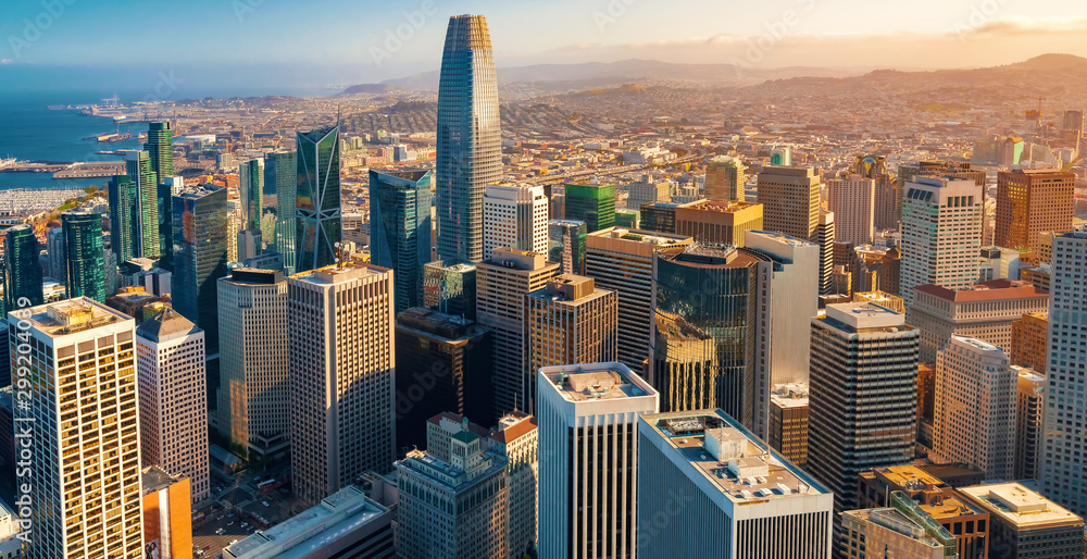 Downtown San Francisco aerial view of skyscrapers - obrazy, fototapety, plakaty 