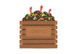 Compost box with with funny worms.  Recycling concept. Flat vector illustration.