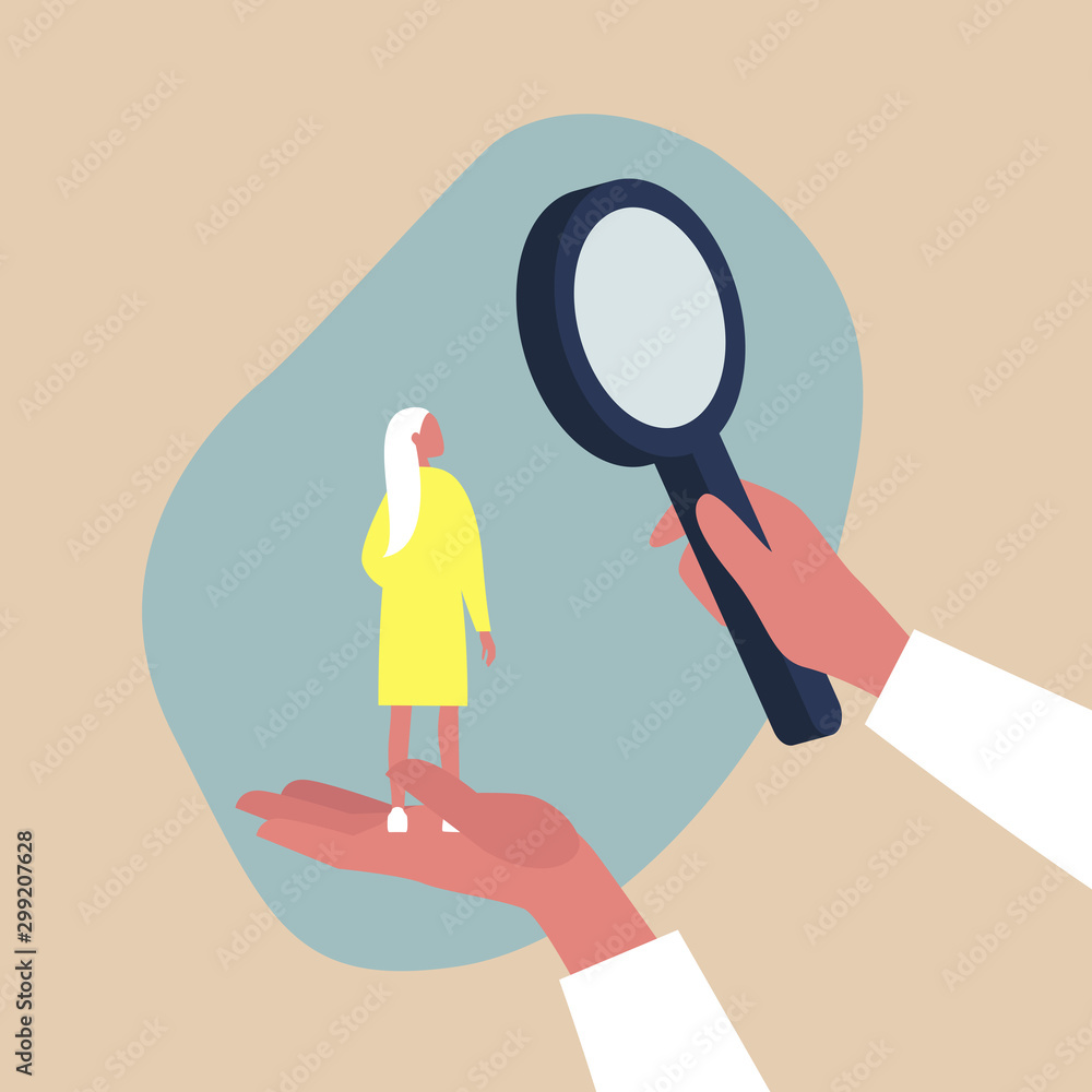 Looking for employee, HR management metaphor - female character scaled up under a magnifying glass - obrazy, fototapety, plakaty 