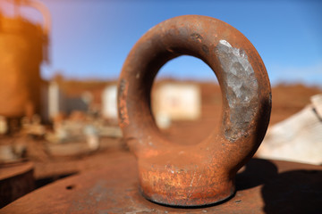 Abandon damaging and old safety crane industry 24 tone of lifting lug, hook at construction site yard  