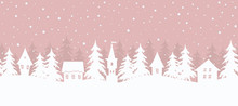Winter Village. Christmas Background. Fairy Tale Winter Landscape. Seamless Border. There Are White Houses And Fir Trees On A Pink Background. Vector Illustration