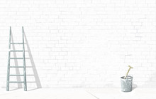 Vector Drawing With A Stepladder And A Bucket With Lime On The Background Of An Updated White Brick Wall. The Concept Of Arrangement, Novelty, Refreshment And Backdrop For Your Conceptual Work