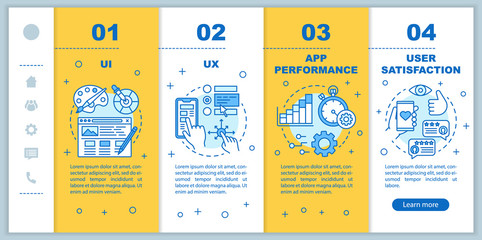 UI, UX development onboarding mobile web pages vector template. Responsive smartphone website interface idea with linear illustrations. Webpage walkthrough step screens. Color concept