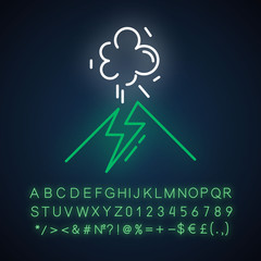 Poster - Volcanic eruption neon light icon. Geothermal power. Active volcano explosion. Seismically hazardous area. Glowing sign with alphabet, numbers and symbols. Vector isolated illustration