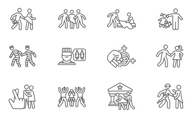 Wall Mural - Different rape types linear icons set. Date, statutory, children, spousal rape. Abuse in prison. Sexual harassment. Thin line contour symbols. Isolated vector outline illustrations. Editable stroke