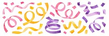 Colorful Multicolored Collection Of Confetti And Party Streamers. Pink, Violet, Gold Yellow Colors. Hand Drawn Watercolour Paint On White Background, Isolated Clipart Elements For Design Decoration.