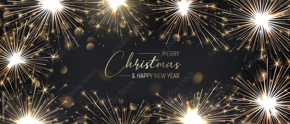 Merry Christmas background with golden sparklers. Happy New year poster ...