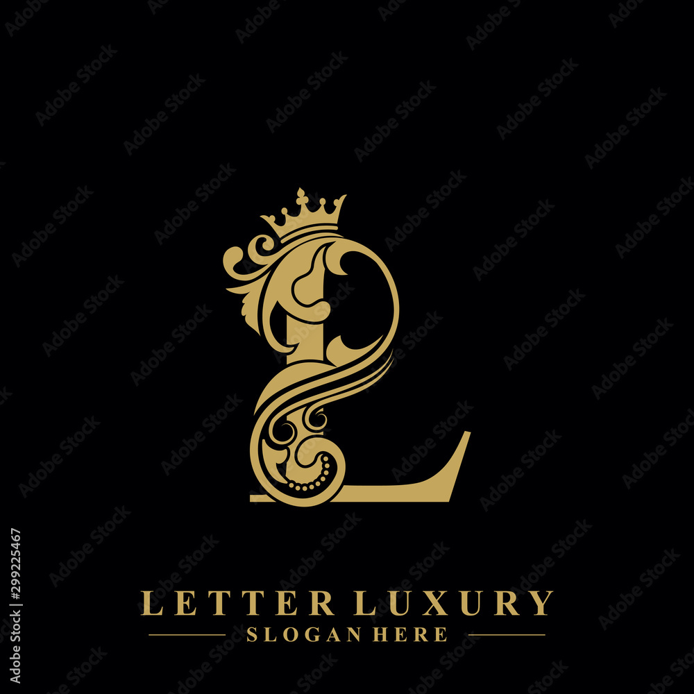 Initial letter L luxury beauty flourishes ornament with crown logo ...